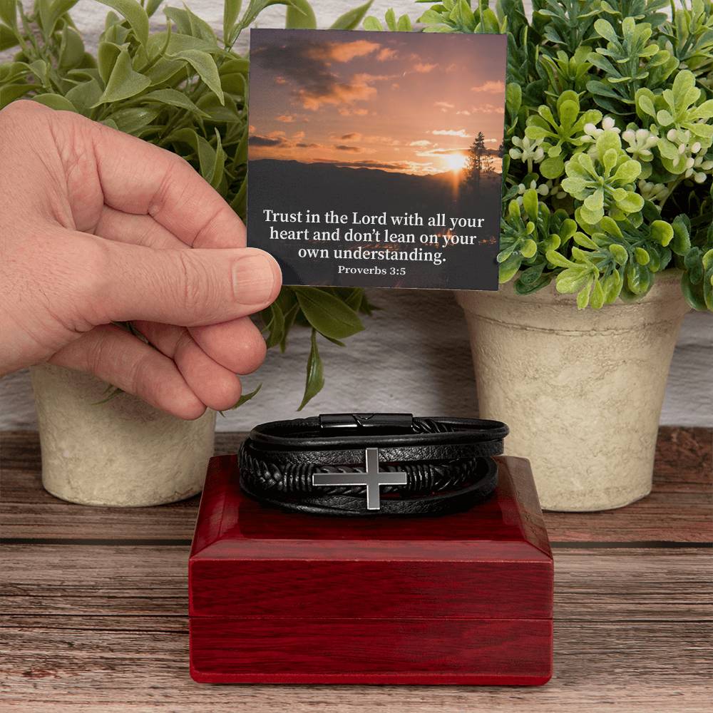 Trust in The Lord Proverbs 3:5 Sunset Men's Stainless Steel & Vegan Leather Cross Bracelet - Vegan Leather with Stainless Steel-Express Your Love Gifts