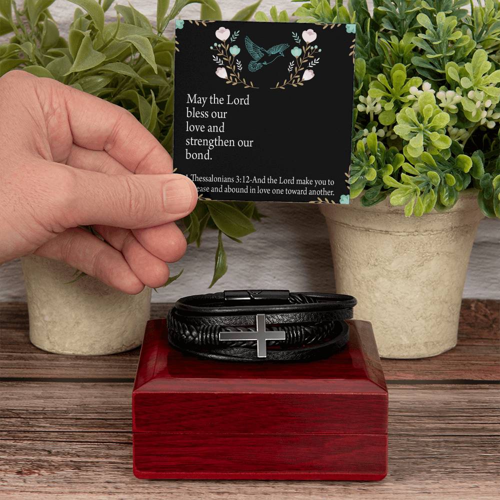 Lord Bless Our Love 1 Thessalonians 3:12 Men's Stainless Steel & Vegan Leather Cross Bracelet - Vegan Leather with Stainless Steel-Express Your Love Gifts