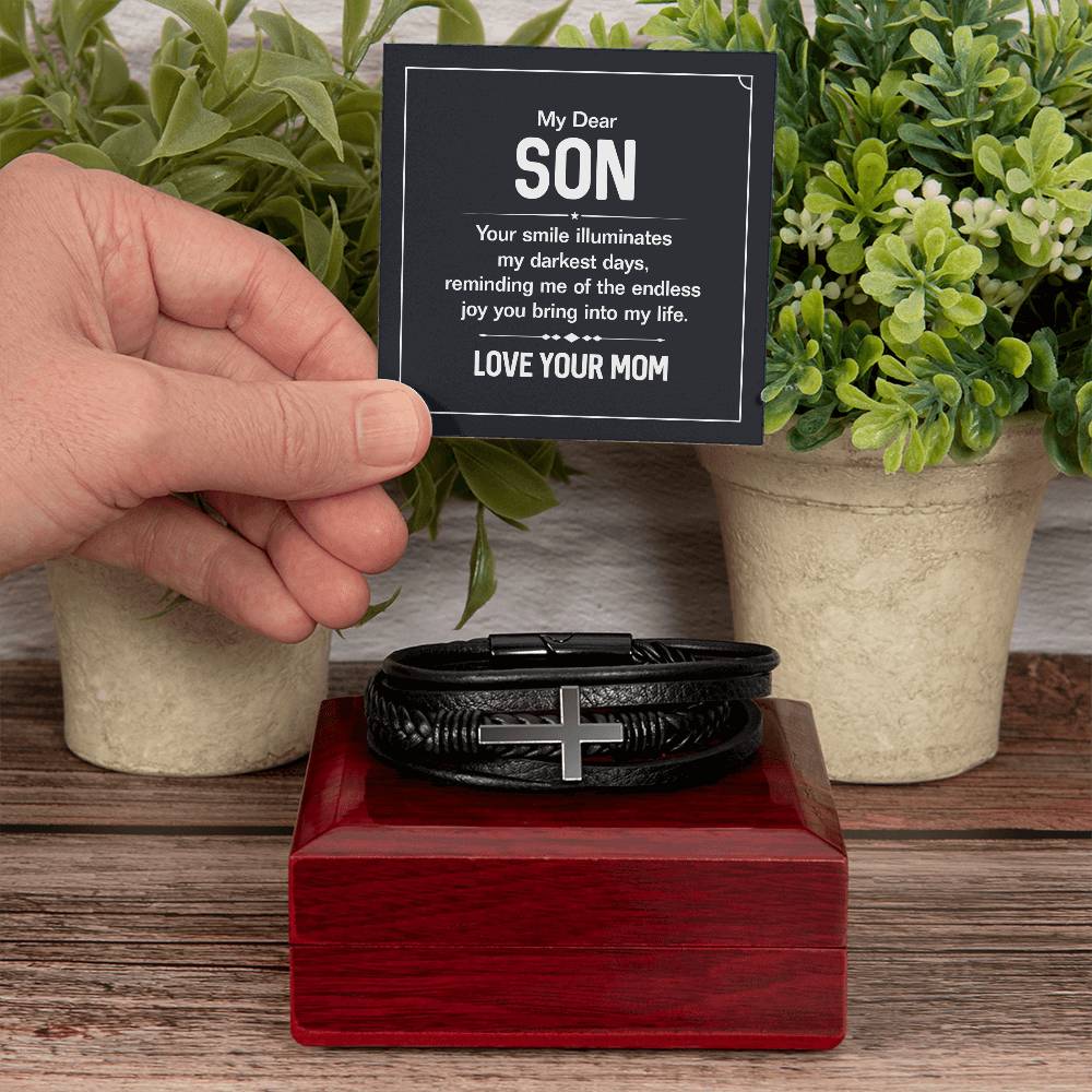 To My Son Your Smile Men's Cross Bracelet - Vegan Leather with Stainless Steel-Express Your Love Gifts