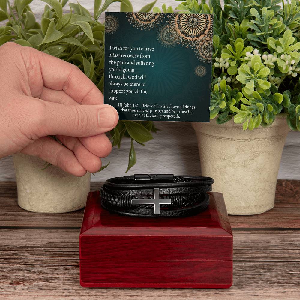 Get Well God's Support 3 John 1:2 Men's Stainless Steel & Vegan Leather Cross Bracelet - Vegan Leather with Stainless Steel-Express Your Love Gifts