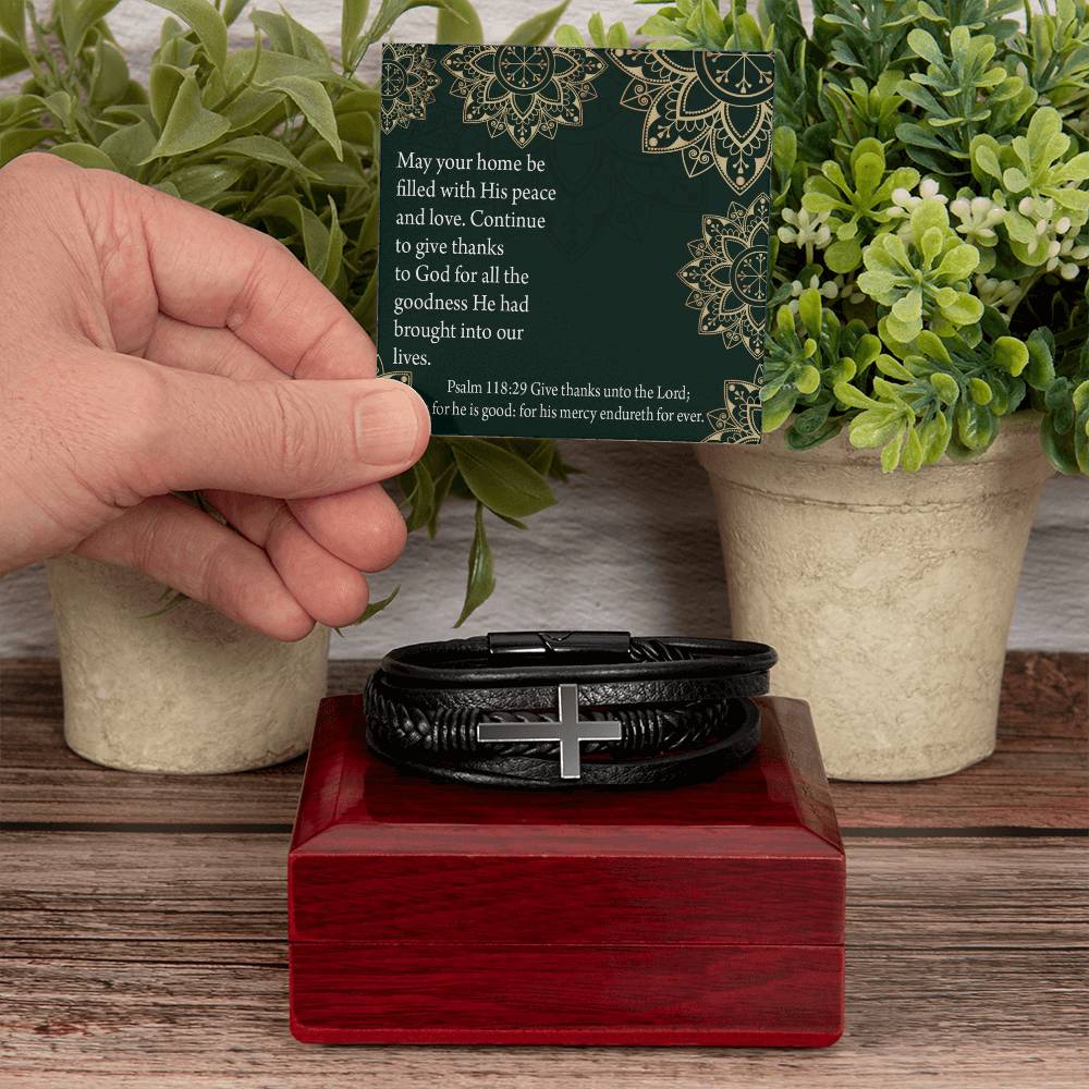 Thanksgiving Psalm 118:29 Men's Stainless Steel & Vegan Leather Cross Bracelet - Vegan Leather with Stainless Steel-Express Your Love Gifts