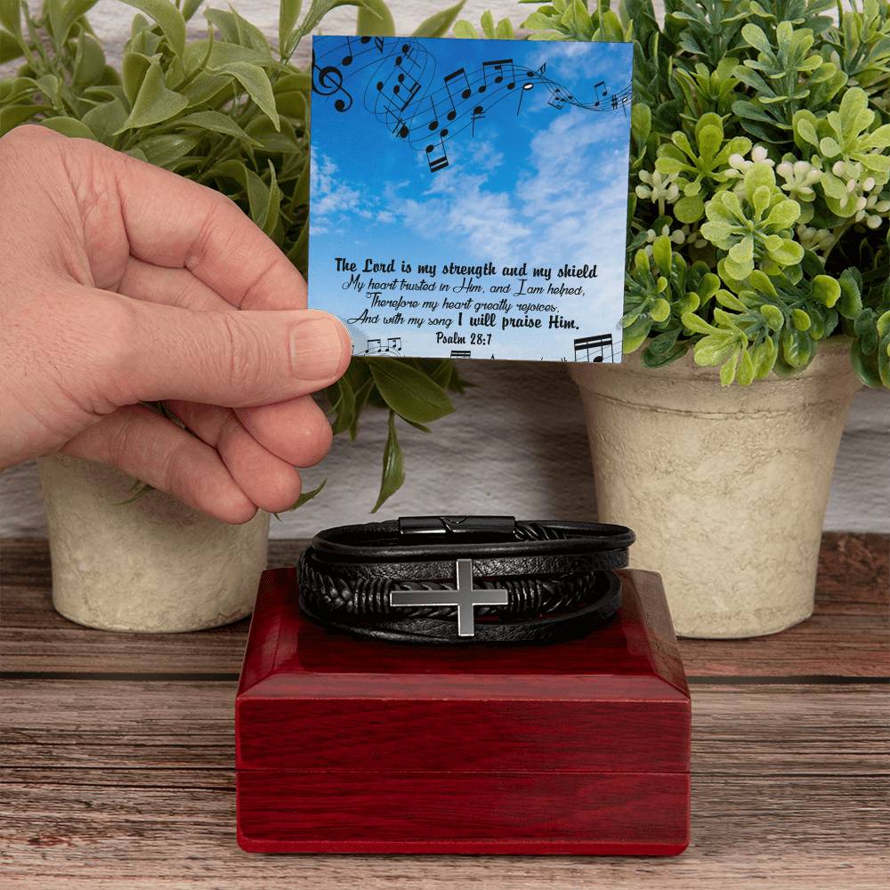 Lord is My Strength Psalm 28:7 Men's Stainless Steel & Vegan Leather Cross Bracelet - Vegan Leather with Stainless Steel-Express Your Love Gifts