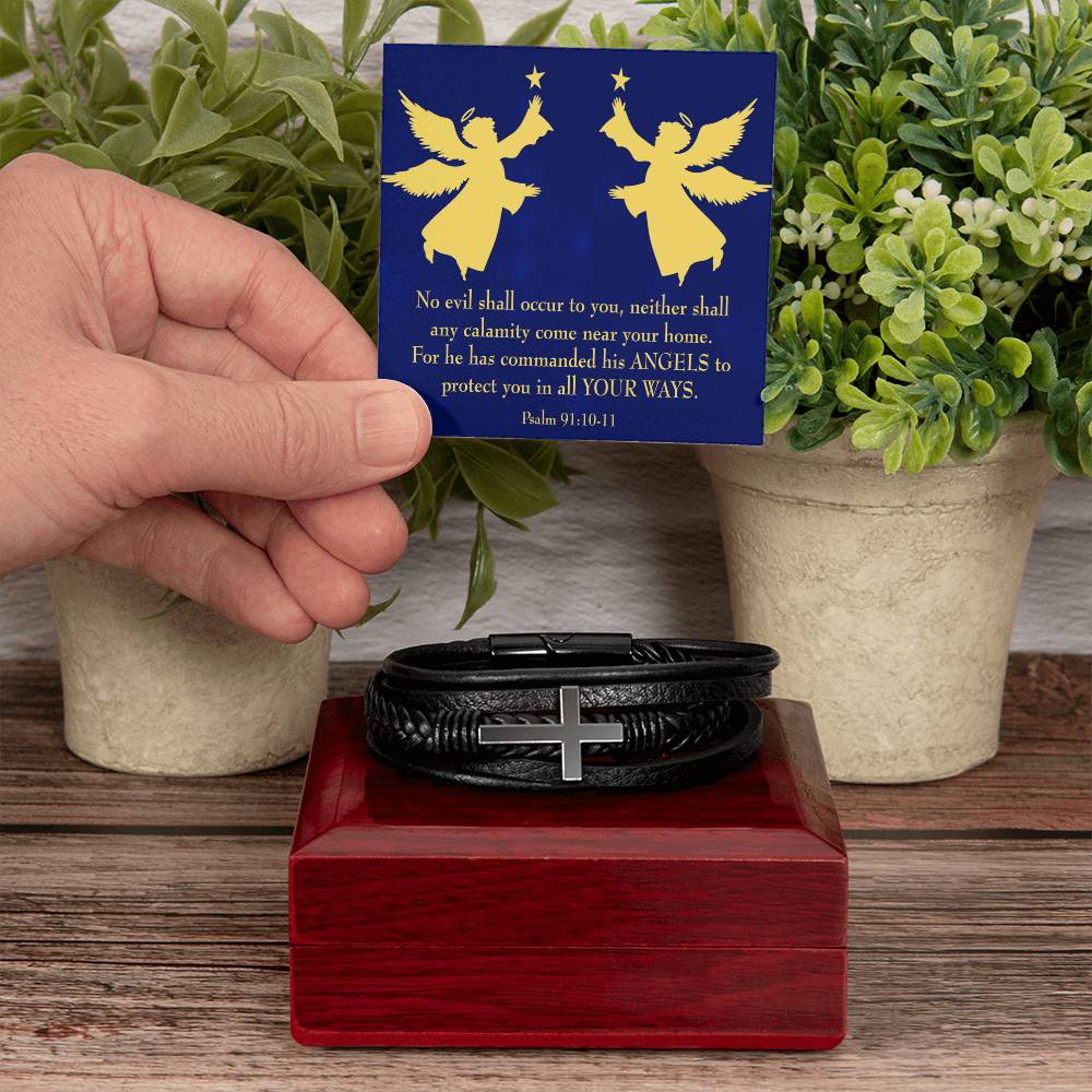 Angels Over You Psalm 91 Men's Stainless Steel & Vegan Leather Cross Bracelet - Vegan Leather with Stainless Steel-Express Your Love Gifts