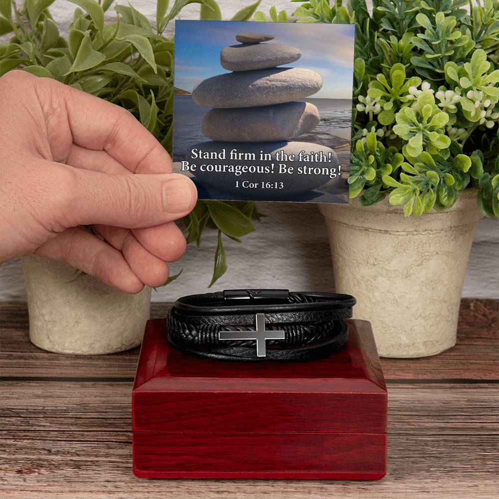 Stand Firm in Faith 1 Corinthians 16:13 Men's Stainless Steel & Vegan Leather Cross Bracelet - Vegan Leather with Stainless Steel-Express Your Love Gifts