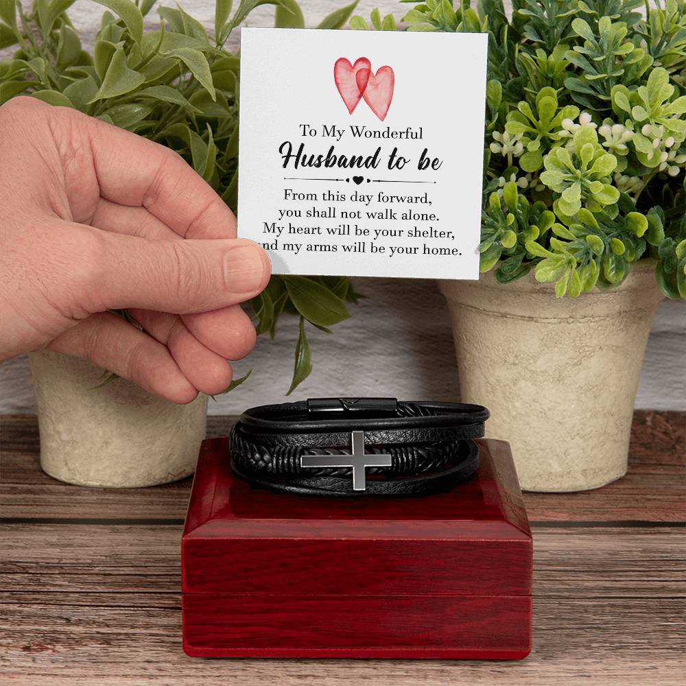 To My Wonderful Husband To Be Men's Cross Bracelet - Vegan Leather with Stainless Steel-Express Your Love Gifts