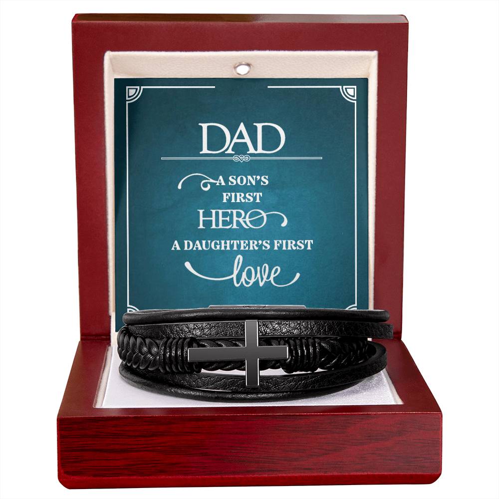 Dad a Sons First Hero Men's Cross Bracelet - Vegan Leather with Stainless Steel-Express Your Love Gifts