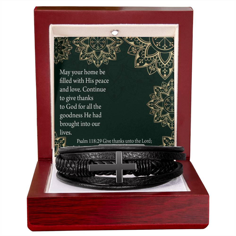 Thanksgiving Psalm 118:29 Men's Stainless Steel & Vegan Leather Cross Bracelet - Vegan Leather with Stainless Steel-Express Your Love Gifts