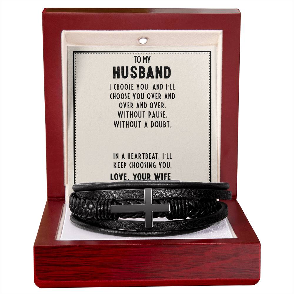 To My Husband I Choose You Men's Cross Bracelet - Vegan Leather with Stainless Steel-Express Your Love Gifts