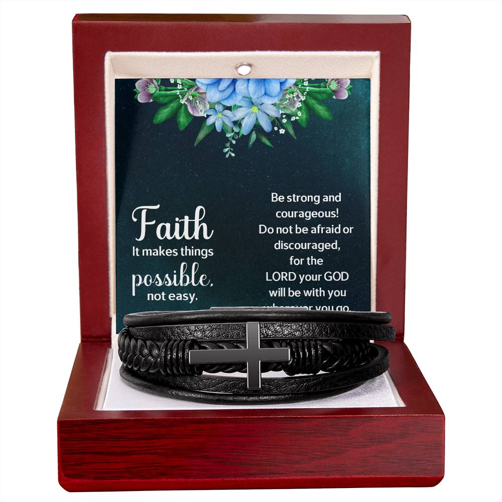 Faith Makes Things Possible Men's Stainless Steel & Vegan Leather Cross Bracelet - Vegan Leather with Stainless Steel-Express Your Love Gifts
