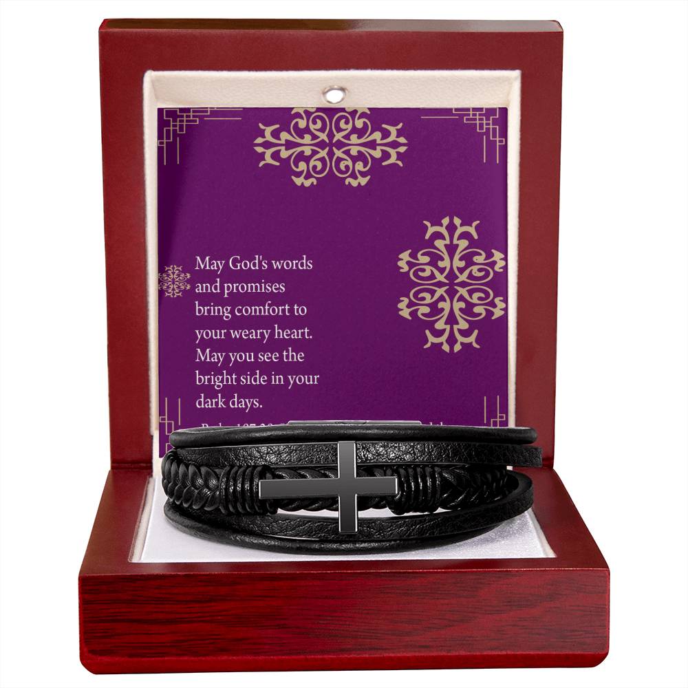 Get Well God's Words & Promises Psalm 107:20 Men's Stainless Steel & Vegan Leather Cross Bracelet - Vegan Leather with Stainless Steel-Express Your Love Gifts