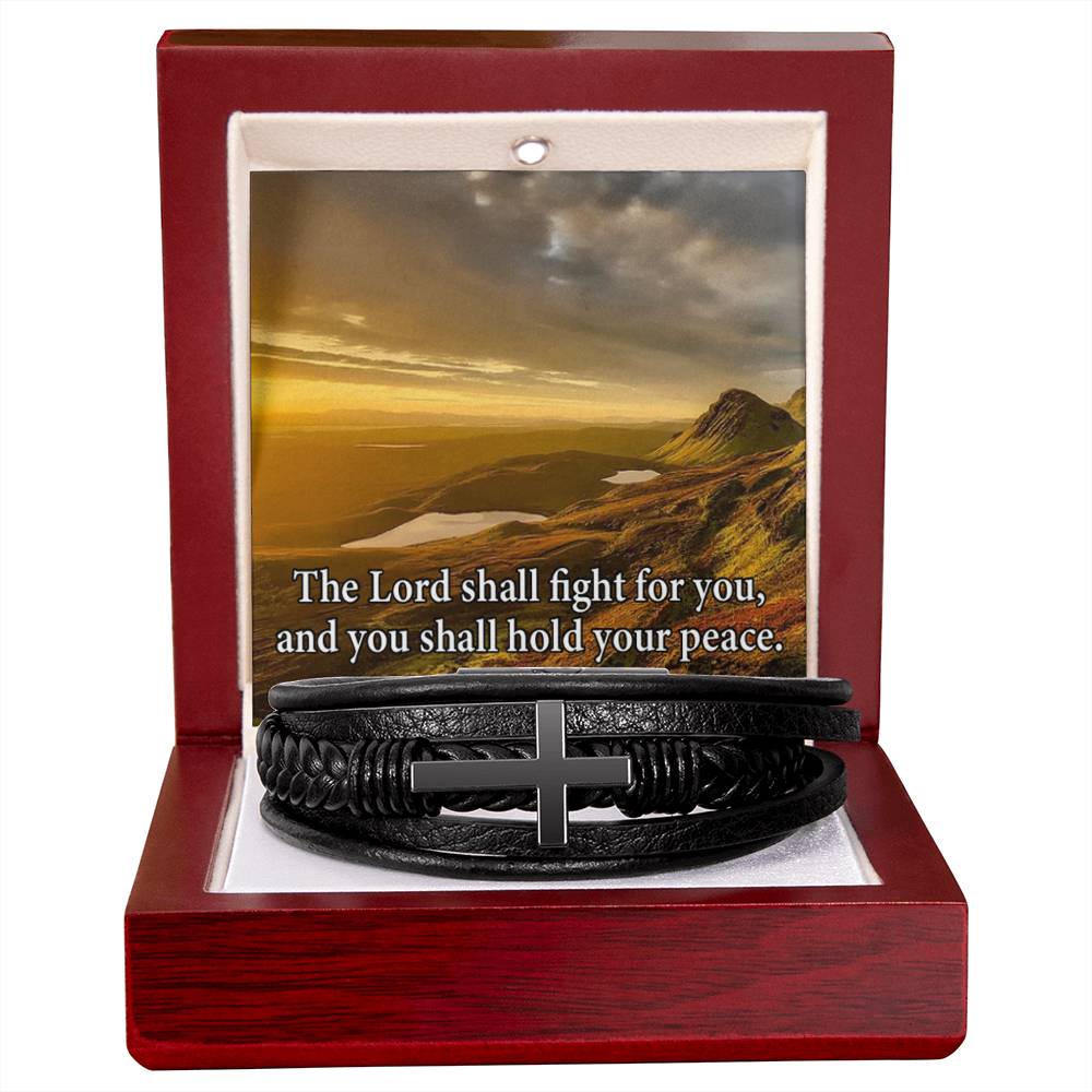 The Lord Shall Fight For You Exodus 14:14 Men's Stainless Steel & Vegan Leather Cross Bracelet - Vegan Leather with Stainless Steel-Express Your Love Gifts