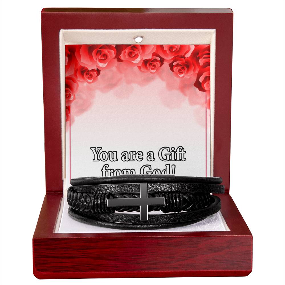 You Are a Gift From God Men's Stainless Steel & Vegan Leather Cross Bracelet - Vegan Leather with Stainless Steel-Express Your Love Gifts