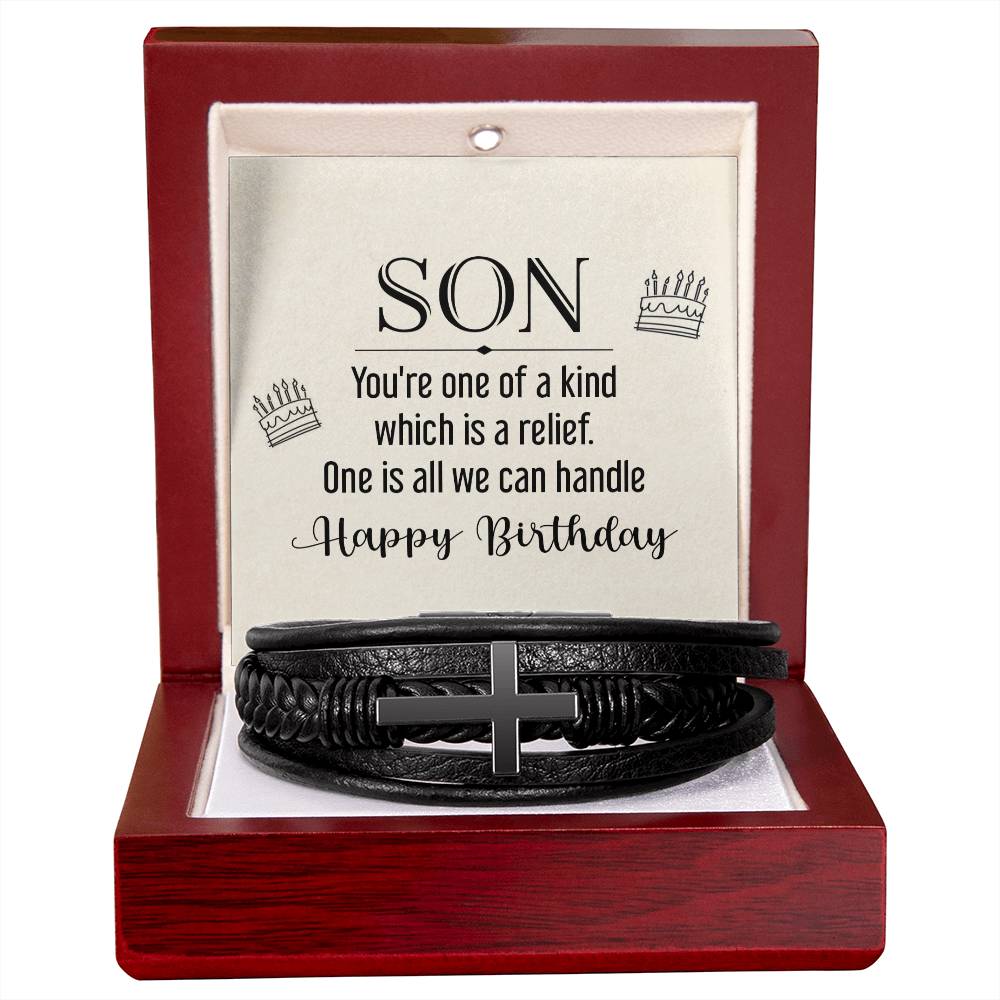 To My Son You're One of a Kind Men's Cross Bracelet - Vegan Leather with Stainless Steel-Express Your Love Gifts