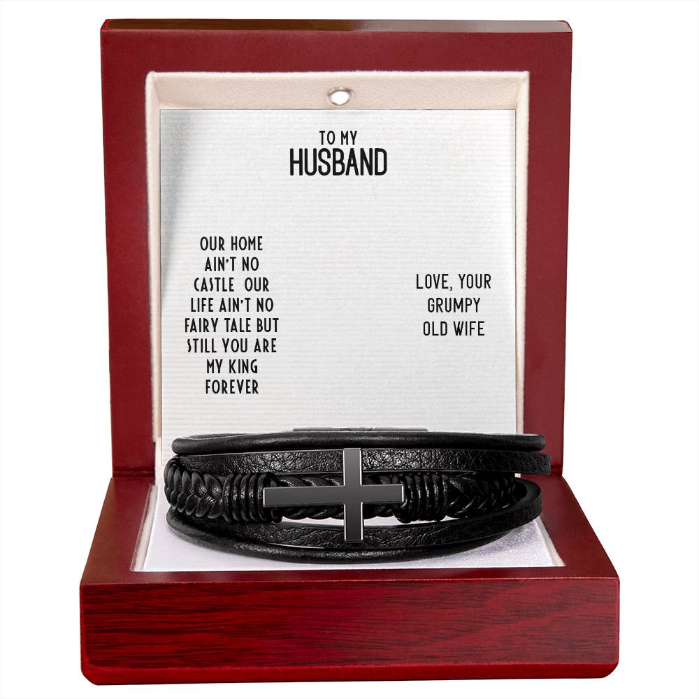 To My Husband Our Home Ain't No Castle Men's Cross Bracelet - Vegan Leather with Stainless Steel-Express Your Love Gifts