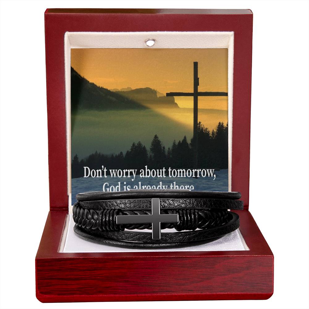 Don’t Worry About Tomorrow Men's Stainless Steel & Vegan Leather Cross Bracelet - Vegan Leather with Stainless Steel-Express Your Love Gifts