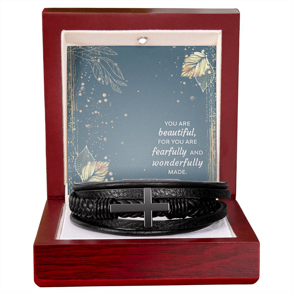 You Are Wonderfully Made Psalm 139:14 Men's Stainless Steel & Vegan Leather Cross Bracelet - Vegan Leather with Stainless Steel-Express Your Love Gifts