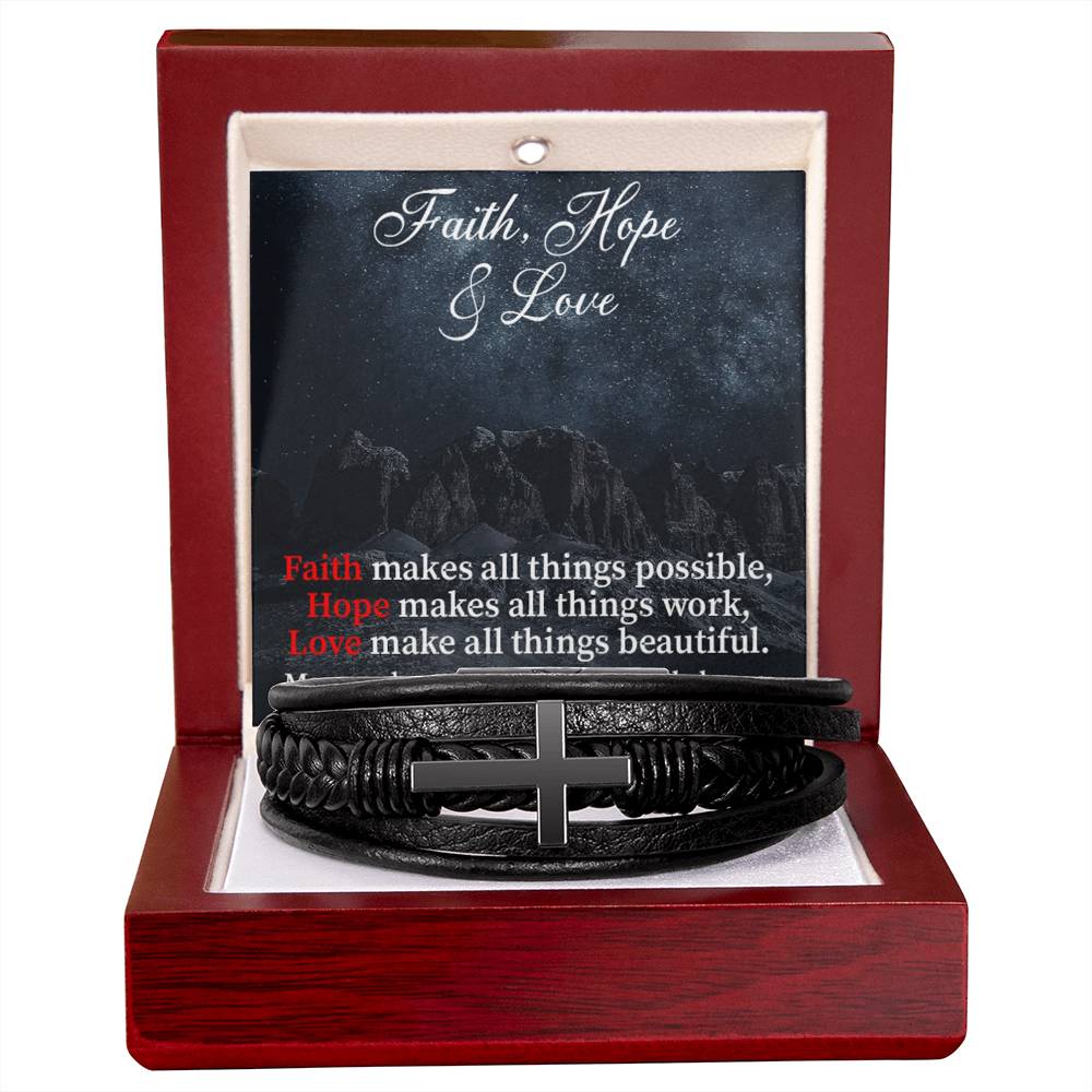 Faith Hope & Love Men's Stainless Steel & Vegan Leather Cross Bracelet - Vegan Leather with Stainless Steel-Express Your Love Gifts
