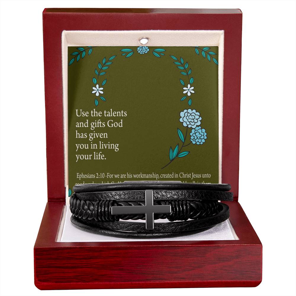 You Are God's Workmanship Ephesians 2:10 Men's Stainless Steel & Vegan Leather Cross Bracelet - Vegan Leather with Stainless Steel-Express Your Love Gifts