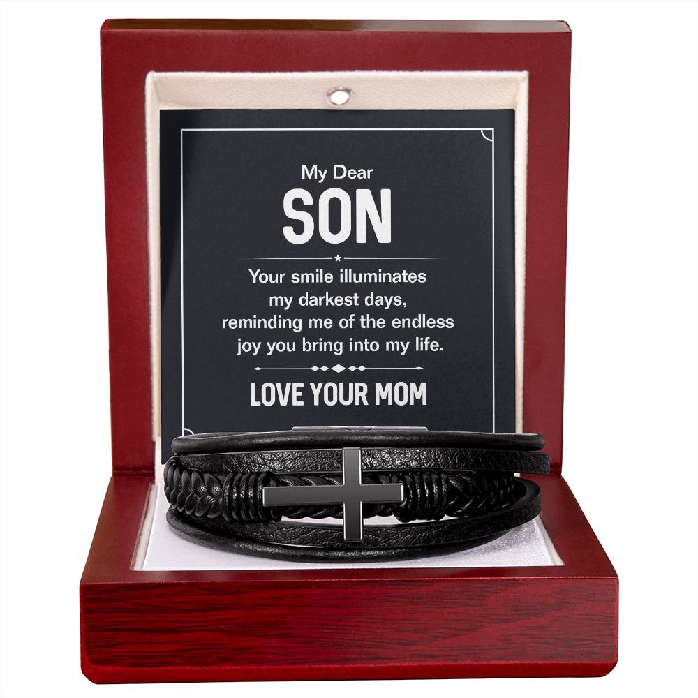 To My Son Your Smile Men's Cross Bracelet - Vegan Leather with Stainless Steel-Express Your Love Gifts