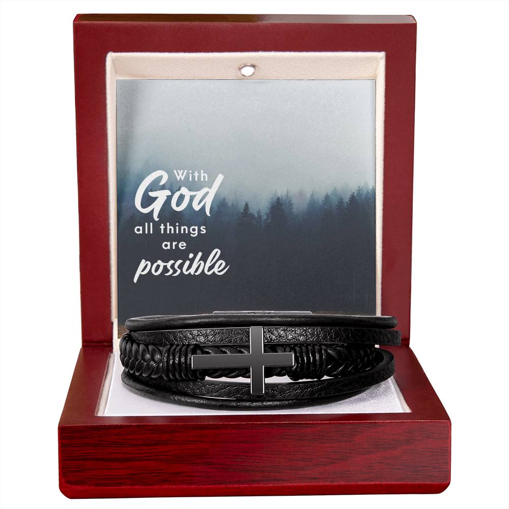 With God All Things are Possible Men's Cross Bracelet - Vegan Leather with Stainless Steel-Express Your Love Gifts