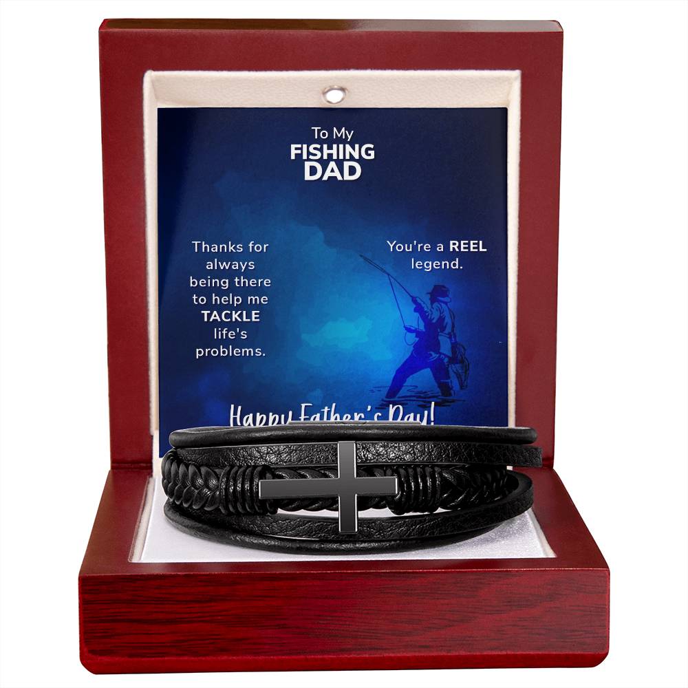 To My Fishing Dad Thanks for Always Being There Men's Cross Bracelet - Vegan Leather with Stainless Steel-Express Your Love Gifts