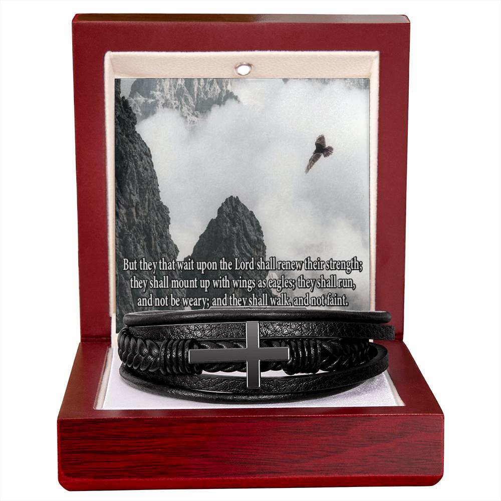 Renew Their Strength Isaiah 40:31 Men's Stainless Steel & Vegan Leather Cross Bracelet - Vegan Leather with Stainless Steel-Express Your Love Gifts