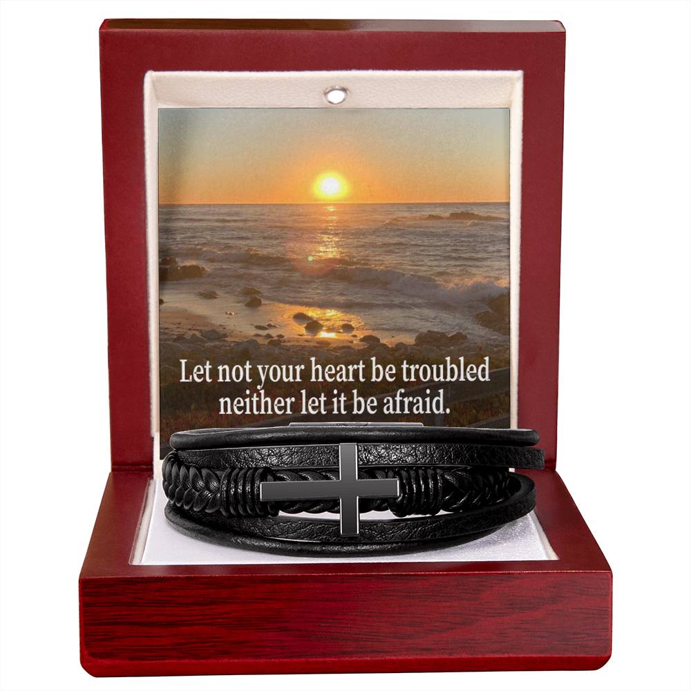 Let Not Your Heart be Troubled John 14:27 Men's Stainless Steel & Vegan Leather Cross Bracelet - Vegan Leather with Stainless Steel-Express Your Love Gifts