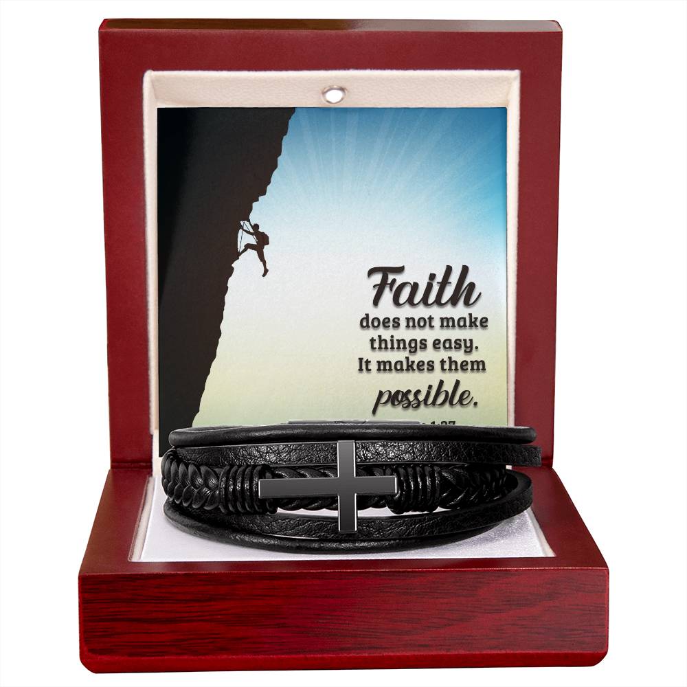 Faith Does Not Make Things Easy Men's Stainless Steel & Vegan Leather Cross Bracelet - Vegan Leather with Stainless Steel-Express Your Love Gifts