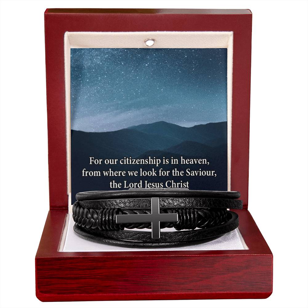 Citizenship in Heaven Philippians 3:20 Men's Stainless Steel & Vegan Leather Cross Bracelet - Vegan Leather with Stainless Steel-Express Your Love Gifts