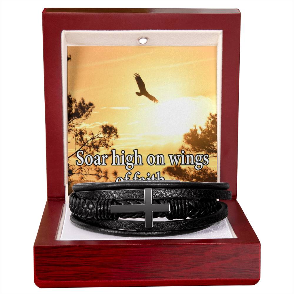 Soar High on Faith Men's Stainless Steel & Vegan Leather Cross Bracelet - Vegan Leather with Stainless Steel-Express Your Love Gifts