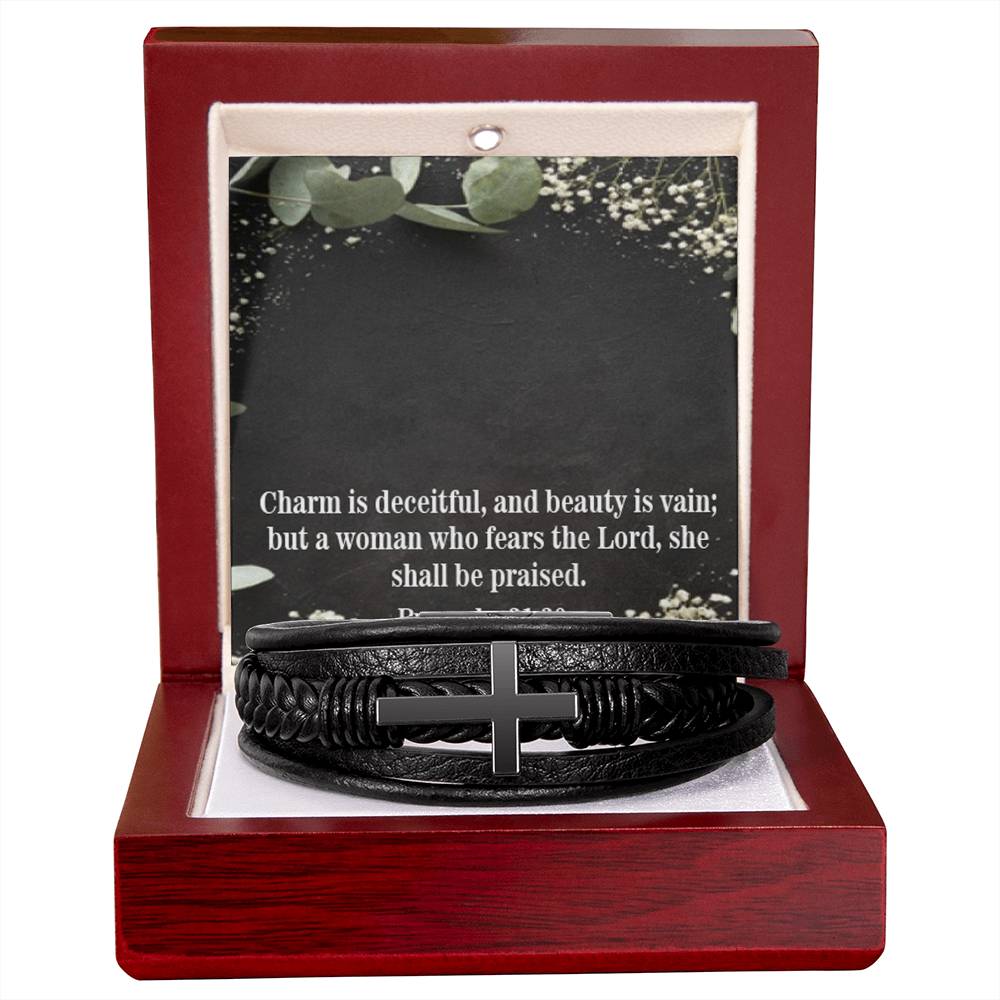 Fear the Lord Proverbs 31:30 Men's Stainless Steel & Vegan Leather Cross Bracelet - Vegan Leather with Stainless Steel-Express Your Love Gifts