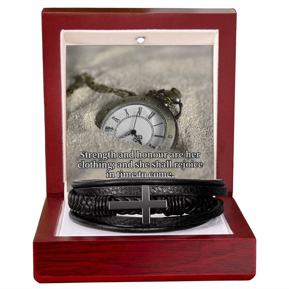 Her Strength Proverbs 31:25 Men's Stainless Steel & Vegan Leather Cross Bracelet - Vegan Leather with Stainless Steel-Express Your Love Gifts