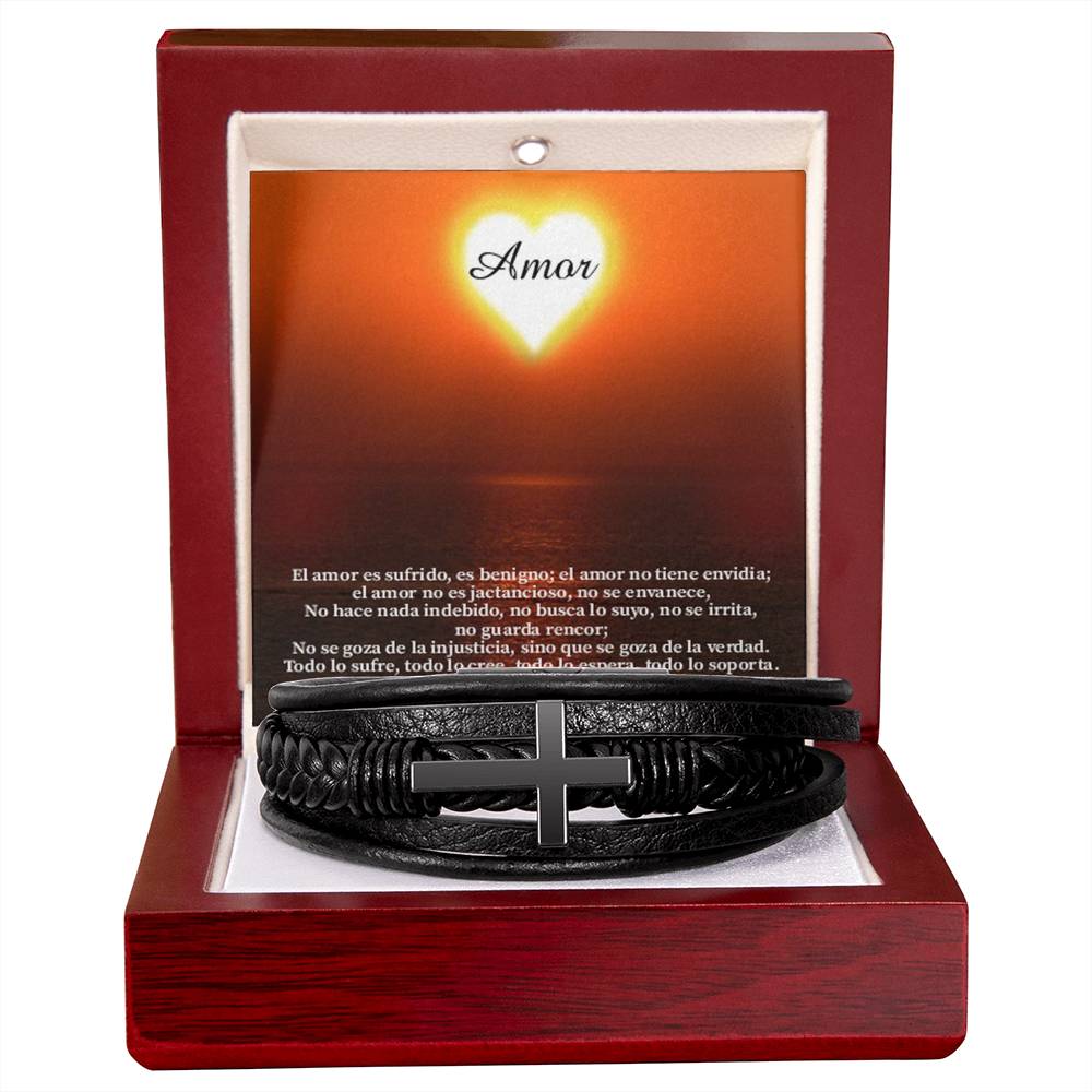 Amor Spanish Corintos 13:4-8 Men's Stainless Steel & Vegan Leather Cross Bracelet - Vegan Leather with Stainless Steel-Express Your Love Gifts
