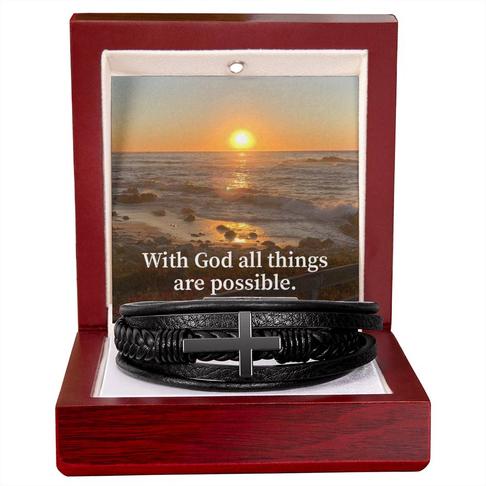With God All Things are Possible Matthew 19:26 Men's Stainless Steel & Vegan Leather Cross Bracelet - Vegan Leather with Stainless Steel-Express Your Love Gifts