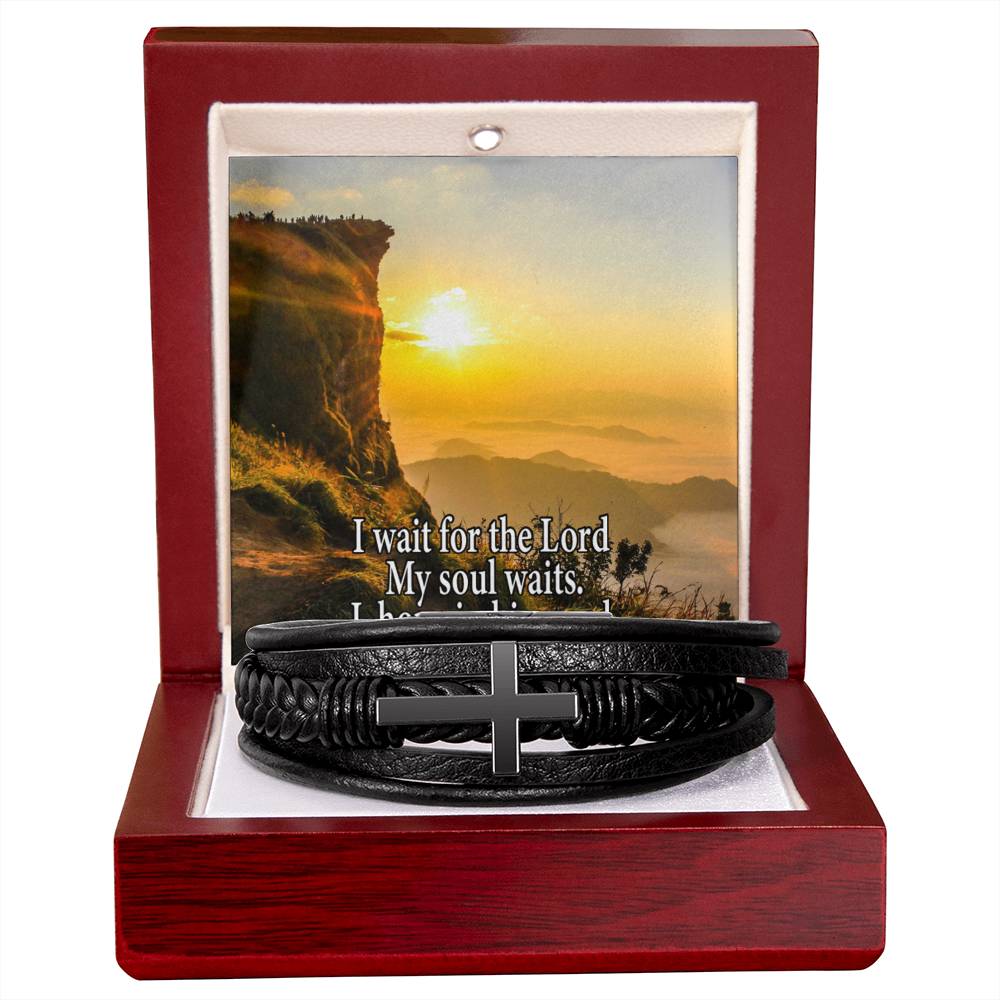 Hope in God Psalm130:5 Men's Stainless Steel & Vegan Leather Cross Bracelet - Vegan Leather with Stainless Steel-Express Your Love Gifts