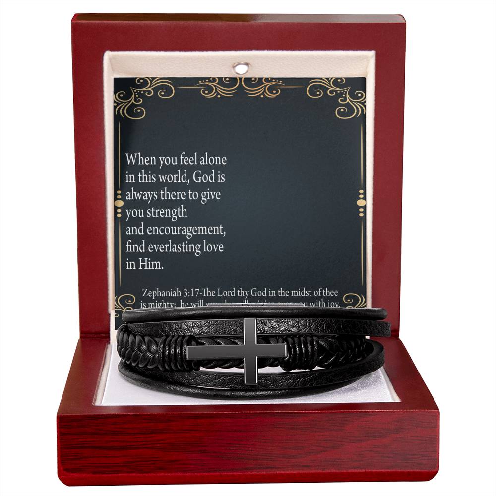 Care & Concern Zephaniah 3:17 Men's Stainless Steel & Vegan Leather Cross Bracelet - Vegan Leather with Stainless Steel-Express Your Love Gifts