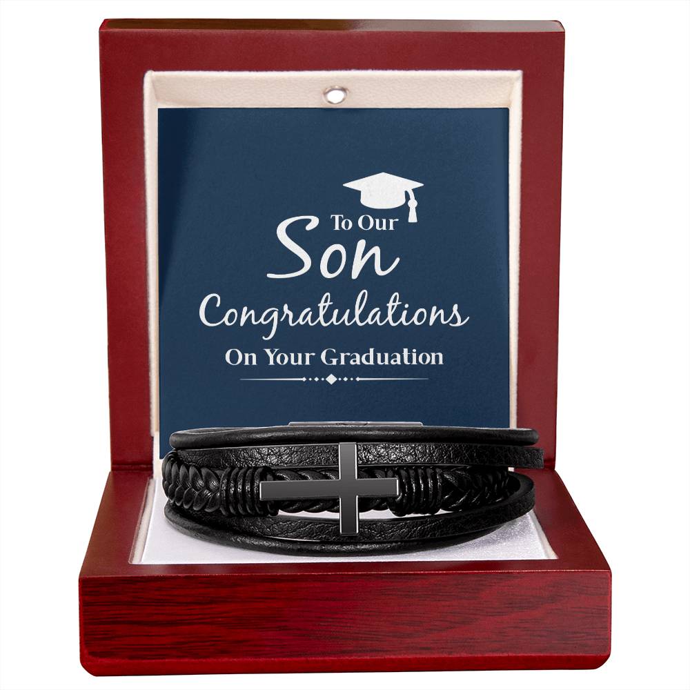 To Our Son Congratulations on Your Graduation Men's Cross Bracelet - Vegan Leather with Stainless Steel-Express Your Love Gifts