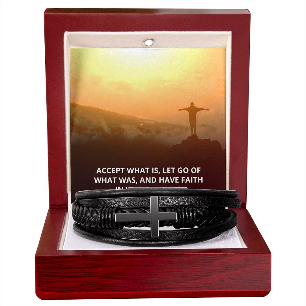 Accept What Is Men's Stainless Steel & Vegan Leather Cross Bracelet - Vegan Leather with Stainless Steel-Express Your Love Gifts