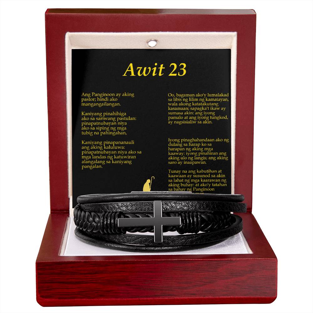 Lord is my Shepherd Tagalog Awit Men's Stainless Steel & Vegan Leather Cross Bracelet - Vegan Leather with Stainless Steel-Express Your Love Gifts