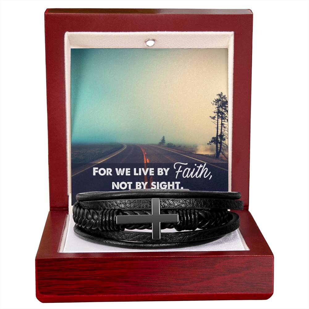 For We Live by Faith Not by Side Men's Stainless Steel & Vegan Leather Cross Bracelet - Vegan Leather with Stainless Steel-Express Your Love Gifts