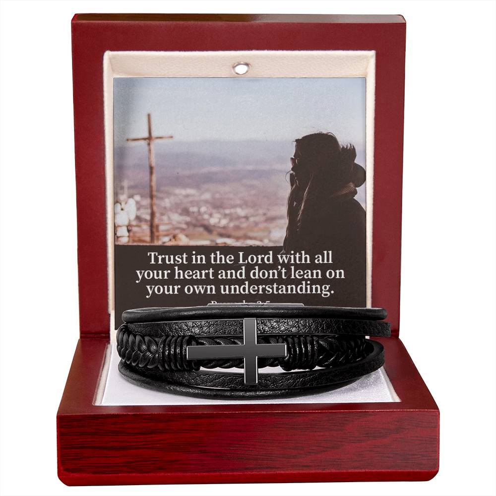 Trust Proverbs 3:5 Men's Stainless Steel & Vegan Leather Cross Bracelet - Vegan Leather with Stainless Steel-Express Your Love Gifts