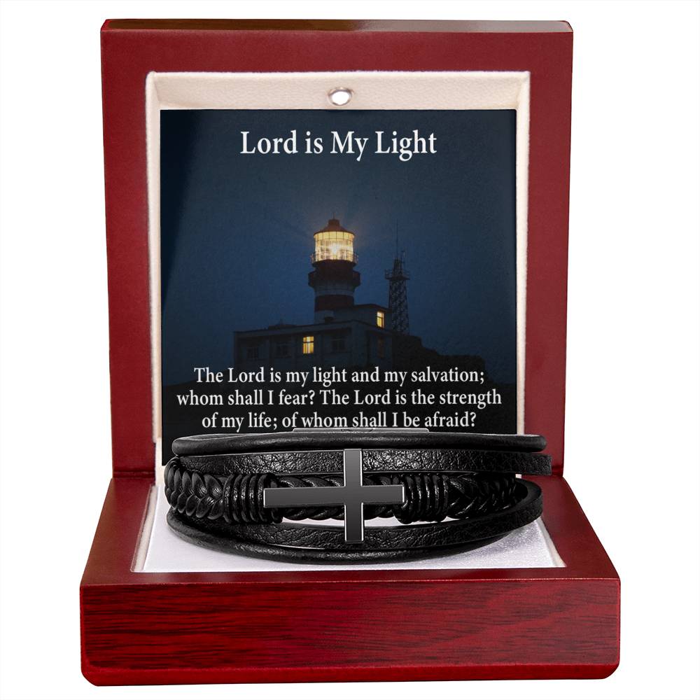 Lord is My Light Psalm 27:1 Men's Stainless Steel & Vegan Leather Cross Bracelet - Vegan Leather with Stainless Steel-Express Your Love Gifts