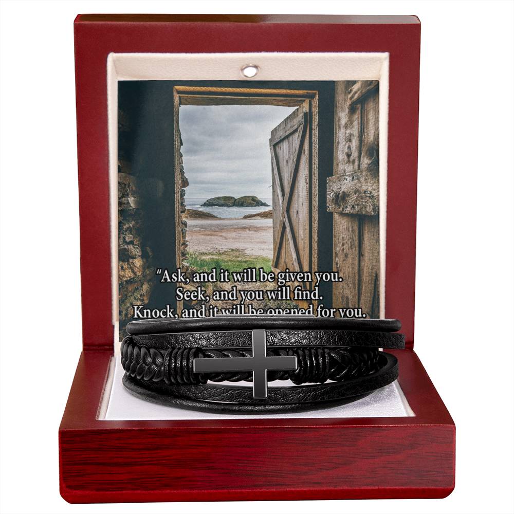 Ask & You Shall Receive Matthew 7:7 Men's Stainless Steel & Vegan Leather Cross Bracelet - Vegan Leather with Stainless Steel-Express Your Love Gifts