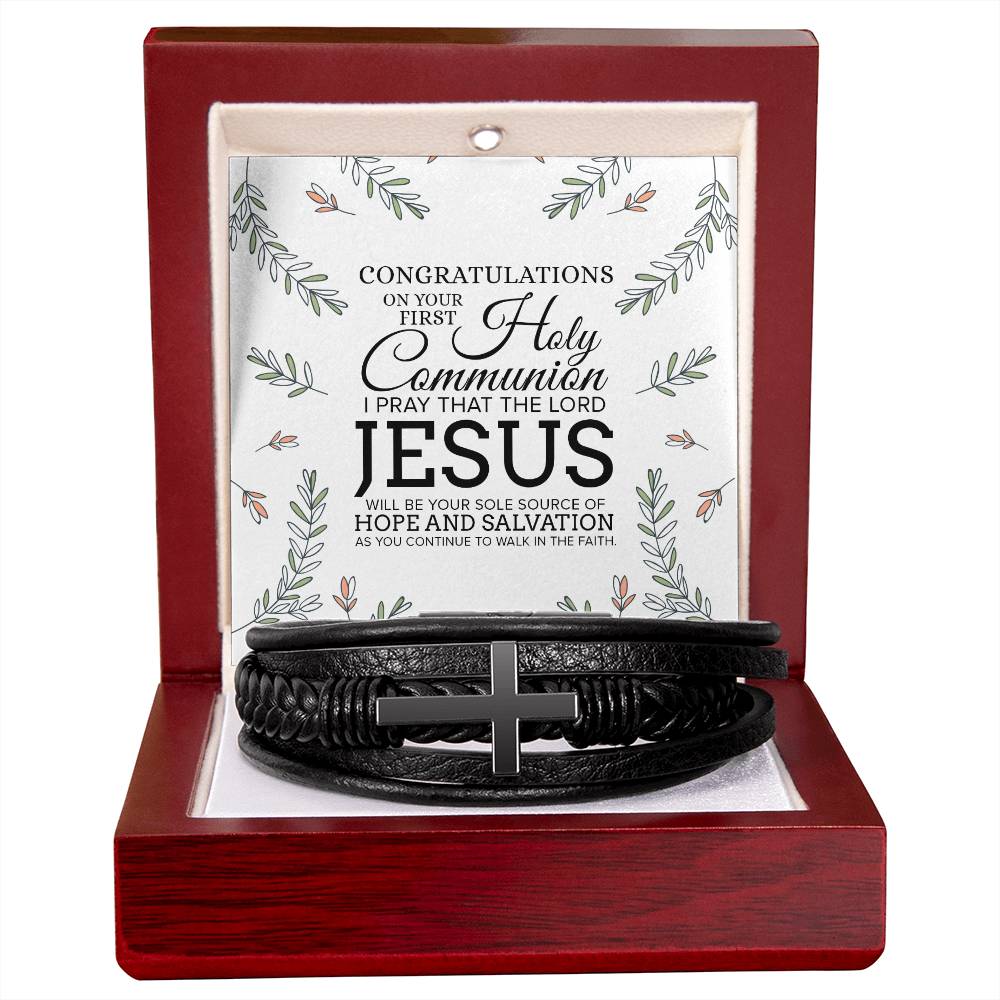 Congratulations on Your First Holy Communion Men's Stainless Steel & Vegan Leather Cross Bracelet - Vegan Leather with Stainless Steel-Express Your Love Gifts