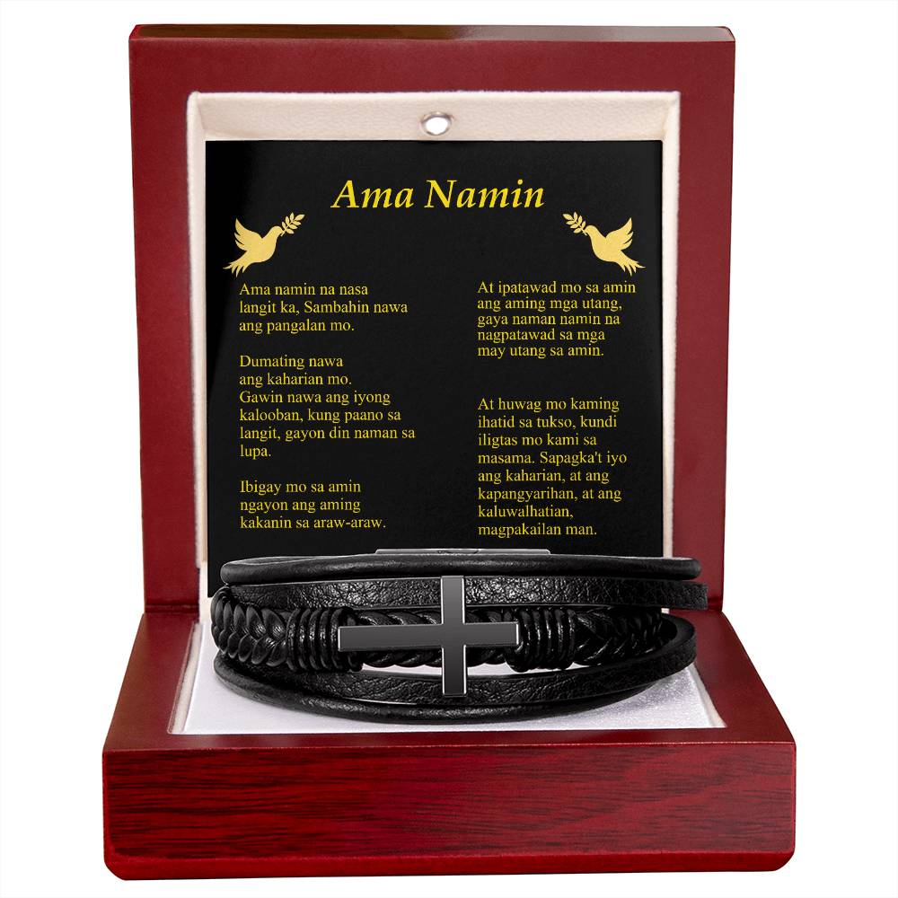 Lords Prayer Tagalog Ama Namin Men's Stainless Steel & Vegan Leather Cross Bracelet - Vegan Leather with Stainless Steel-Express Your Love Gifts