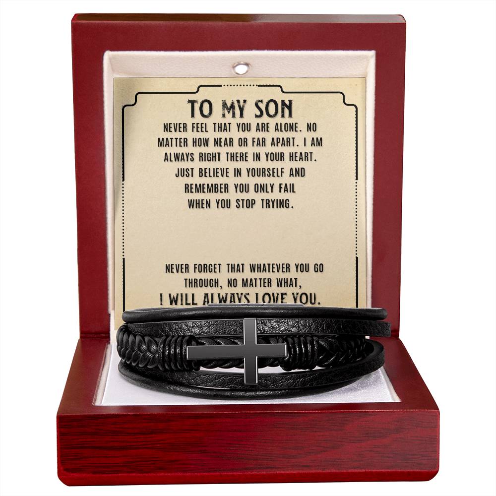 To My Son Never Feel That Men's Cross Bracelet - Vegan Leather with Stainless Steel-Express Your Love Gifts