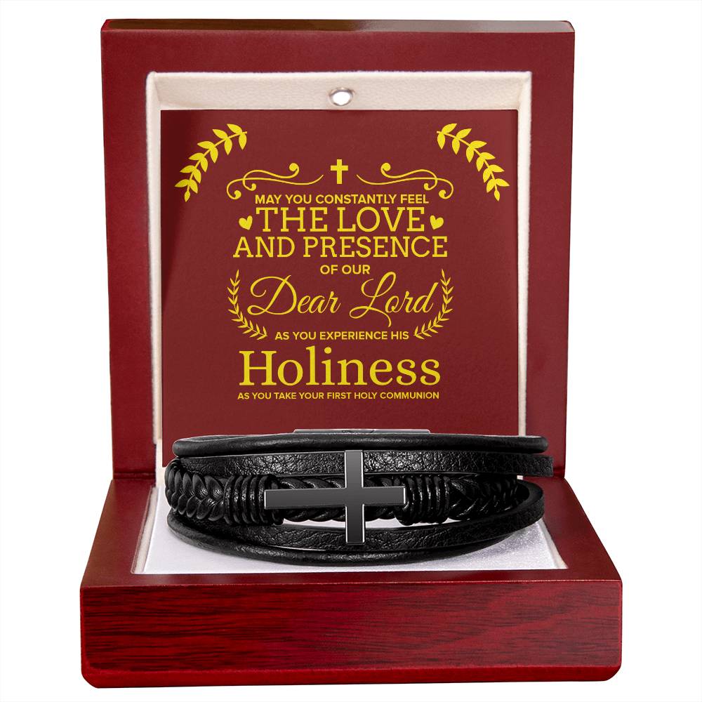 Our Dear Lord First Communion Men's Stainless Steel & Vegan Leather Cross Bracelet - Vegan Leather with Stainless Steel-Express Your Love Gifts