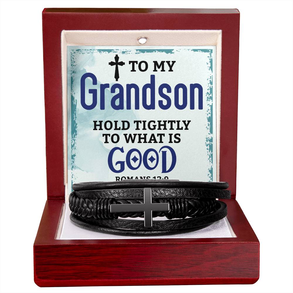 To My Grandson Hold Tightly Men's Cross Bracelet - Vegan Leather with Stainless Steel-Express Your Love Gifts