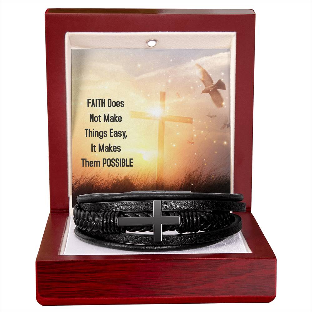 Faith Does Not Make Things Easy Luke 1:37 Men's Stainless Steel & Vegan Leather Cross Bracelet - Vegan Leather with Stainless Steel-Express Your Love Gifts