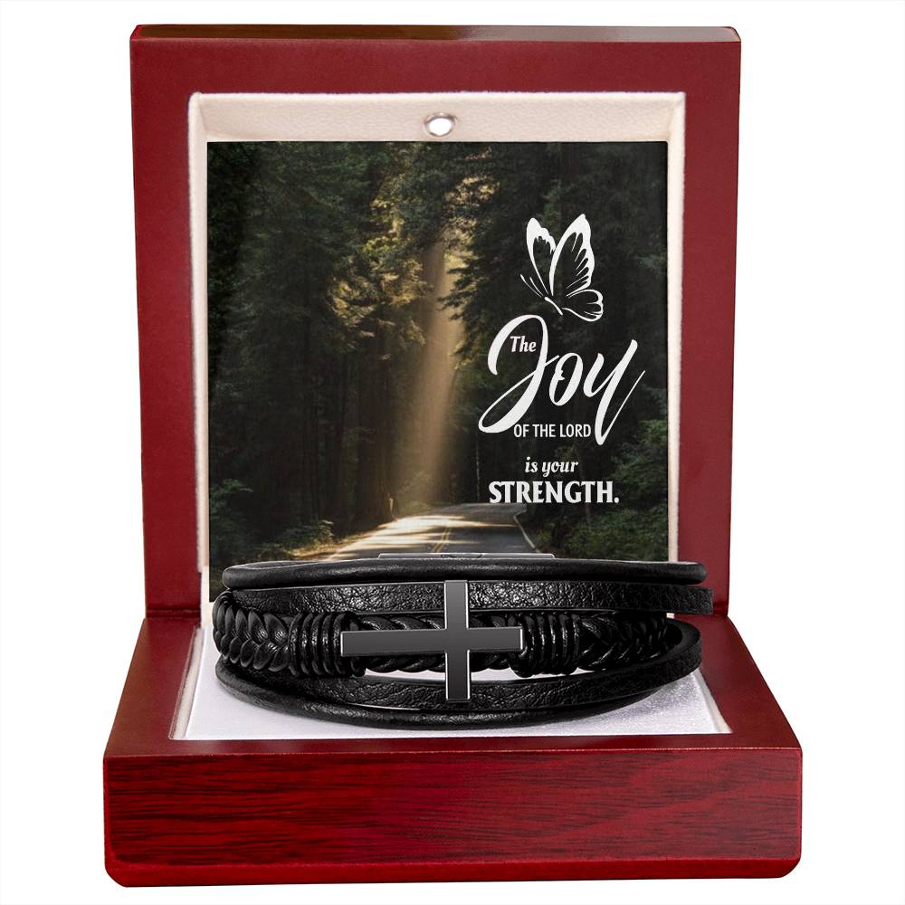 The Joy of The Lord is Your Strength Men's Stainless Steel & Vegan Leather Cross Bracelet - Vegan Leather with Stainless Steel-Express Your Love Gifts